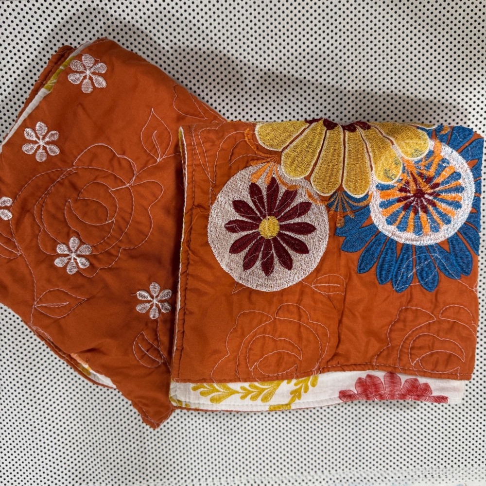 Embroidered Floral Quilted King Pillow Shams Burnt Orange Boho Set of 2